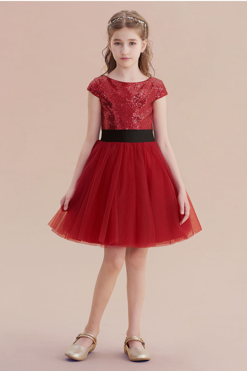 A-Line Cap Sleeve Sequins Tulle Flower Girl Dress On Sale - Fashionpara