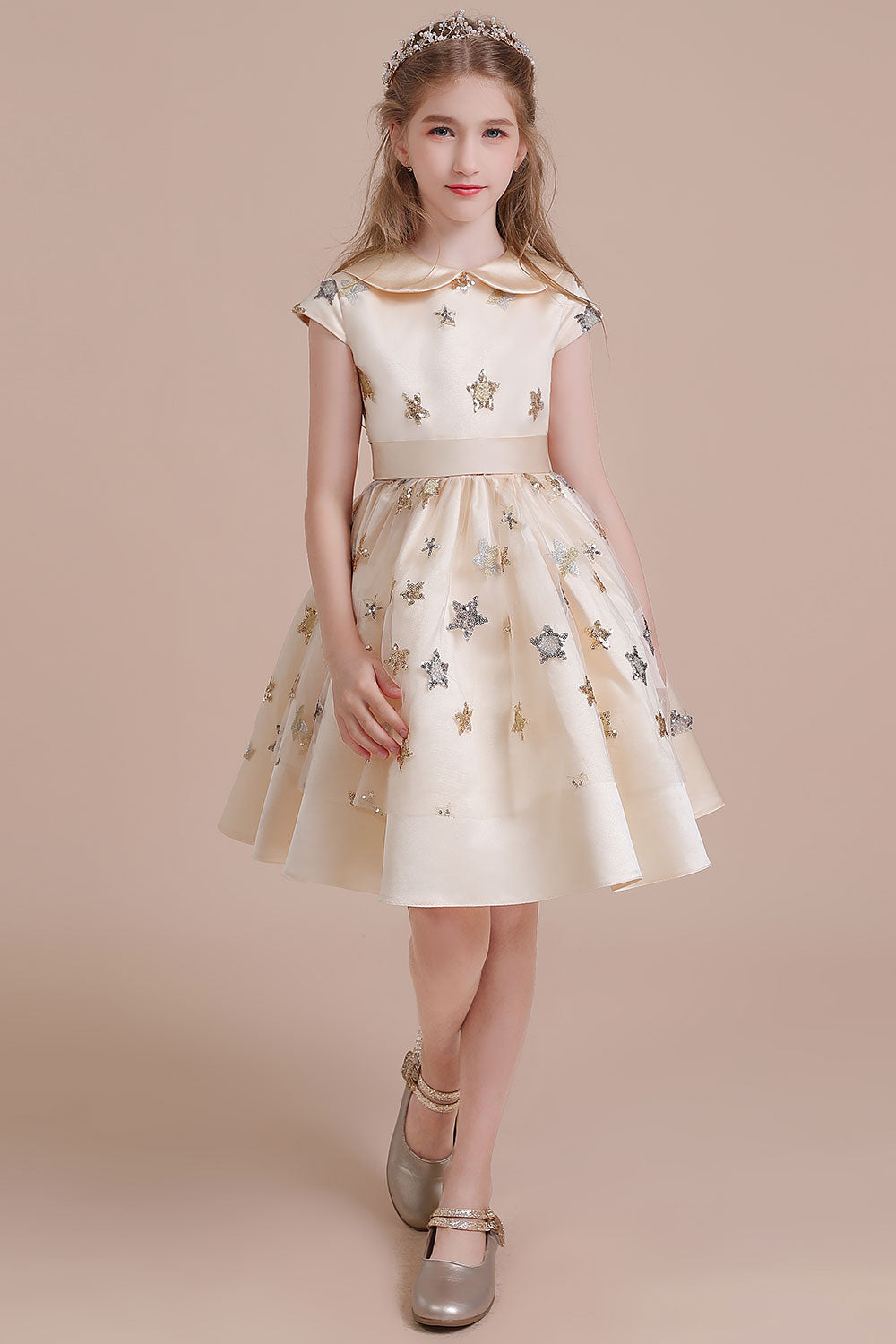 A-Line Cap Sleeve Star Sequins Tulle Flower Girl Dress - Fashionpara