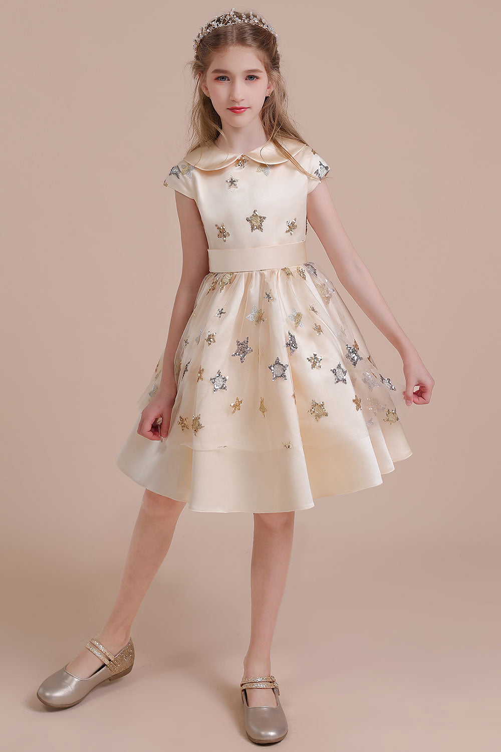 A-Line Cap Sleeve Star Sequins Tulle Flower Girl Dress - Fashionpara