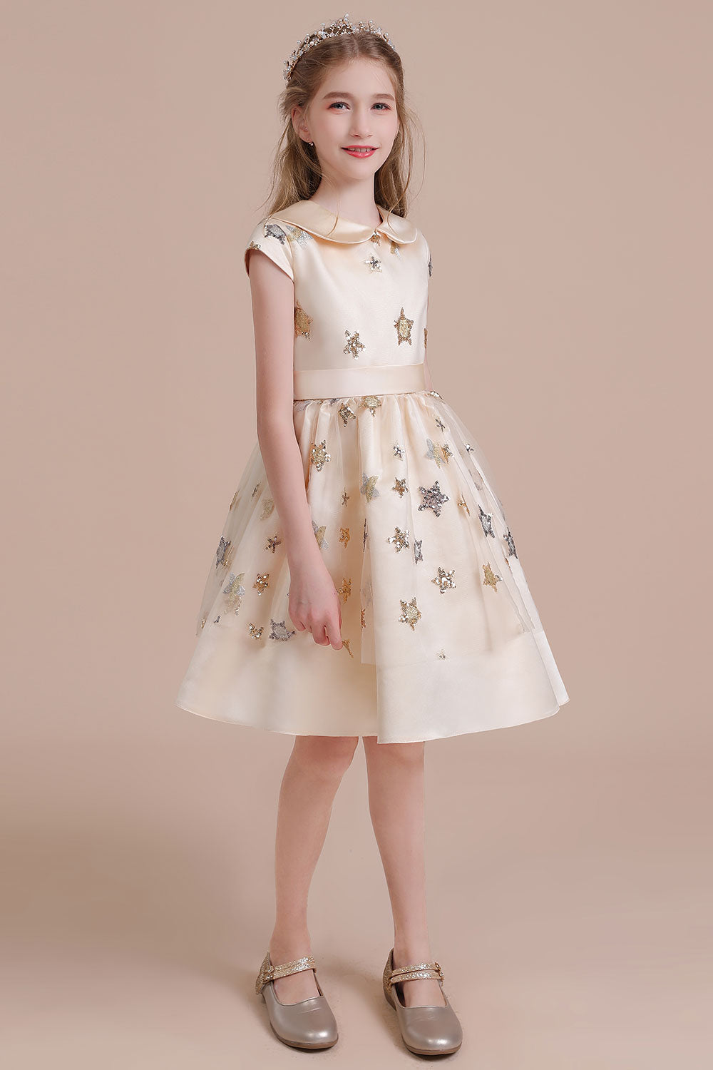 A-Line Cap Sleeve Star Sequins Tulle Flower Girl Dress - Fashionpara