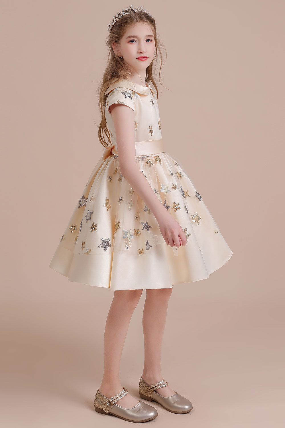 A-Line Cap Sleeve Star Sequins Tulle Flower Girl Dress - Fashionpara