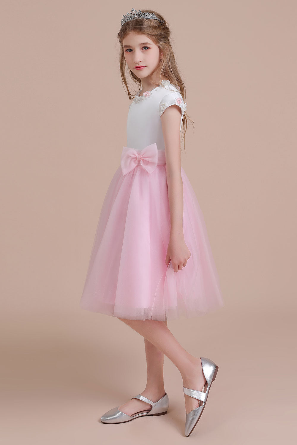 A-Line Cap Sleeve Tulle Knee Length Flower Girl Dress