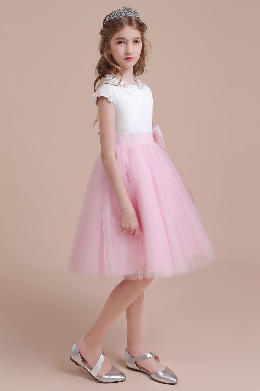 A-Line Cap Sleeve Tulle Knee Length Flower Girl Dress