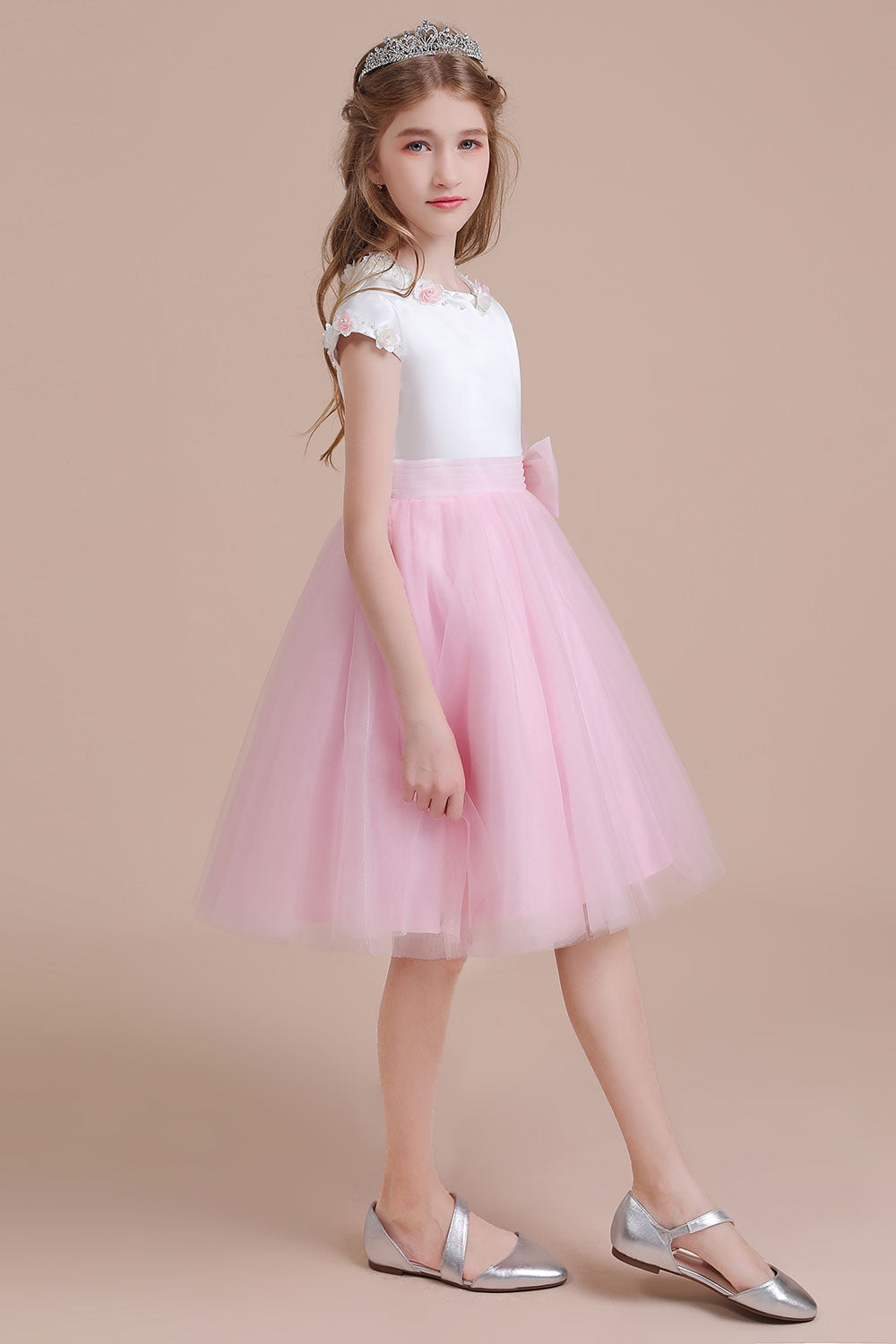 A-Line Cap Sleeve Tulle Knee Length Flower Girl Dress