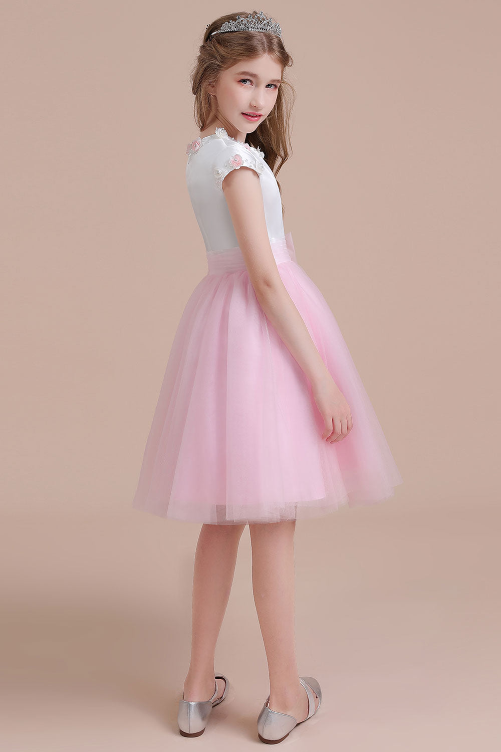 A-Line Cap Sleeve Tulle Knee Length Flower Girl Dress