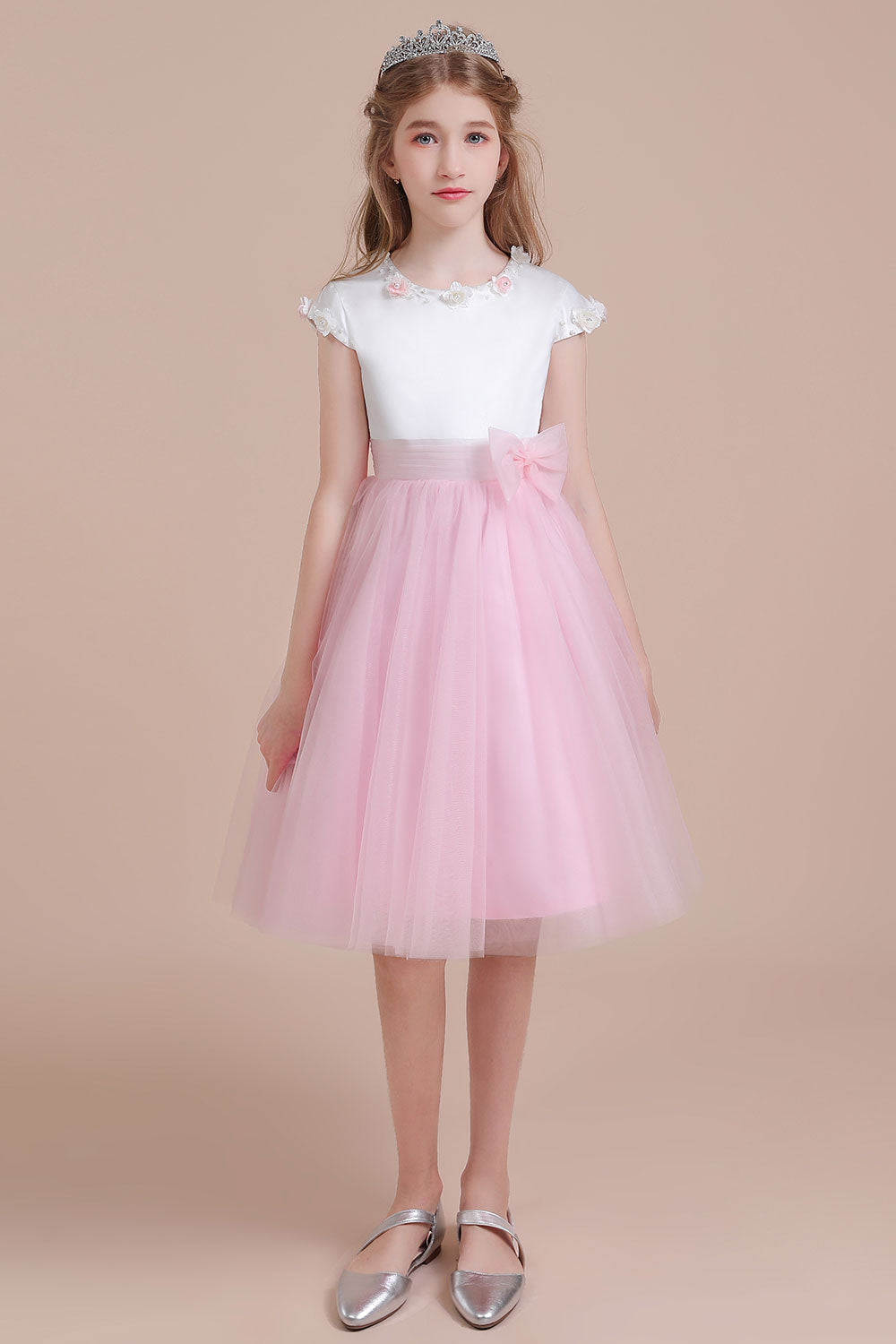 A-Line Cap Sleeve Tulle Knee Length Flower Girl Dress