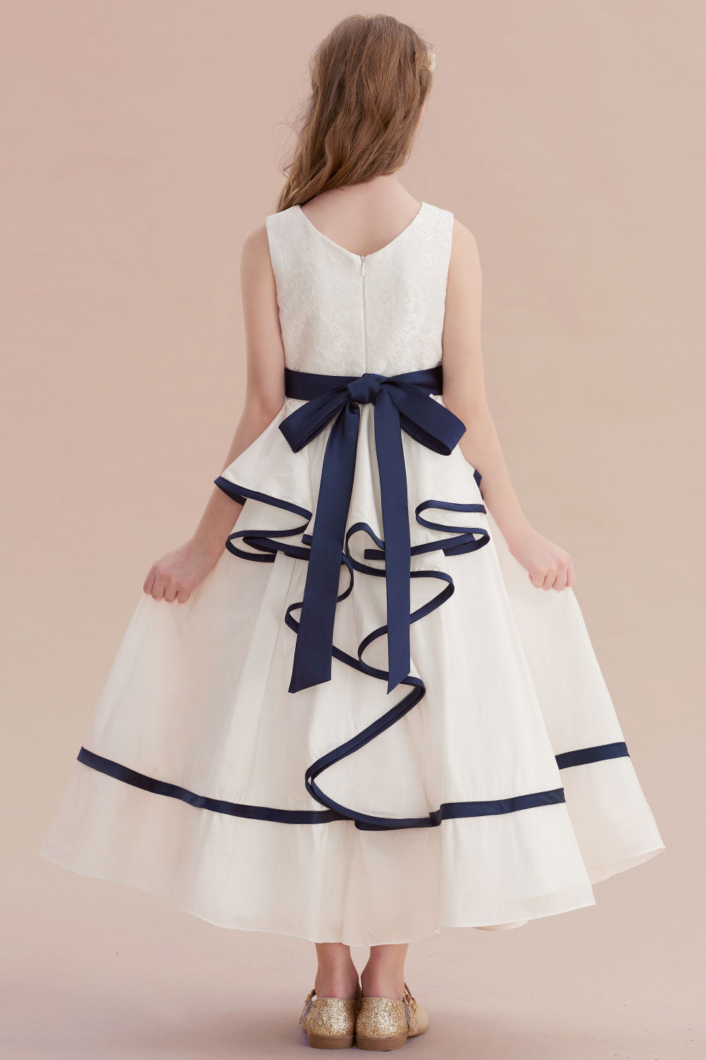 A-Line Chic V-neck Lace Ankle Length Flower Girl Dress - Fashionpara