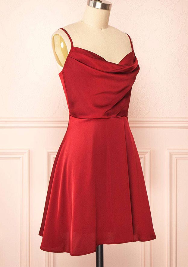 A-Line Cowl Neck Charmeuse Homecoming Dress with Pleated Sleeveless Short/Mini