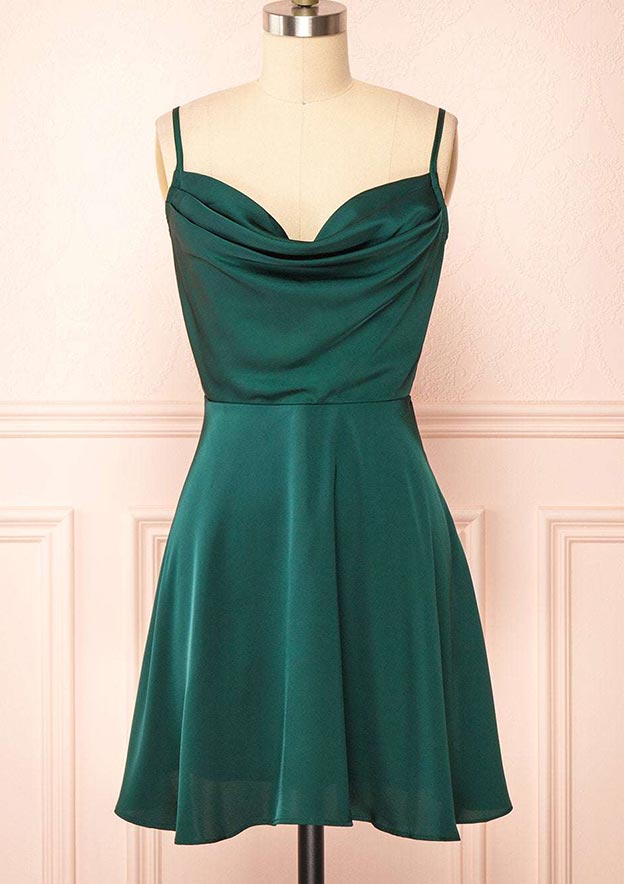 A-Line Cowl Neck Charmeuse Homecoming Dress with Pleated Sleeveless Short/Mini