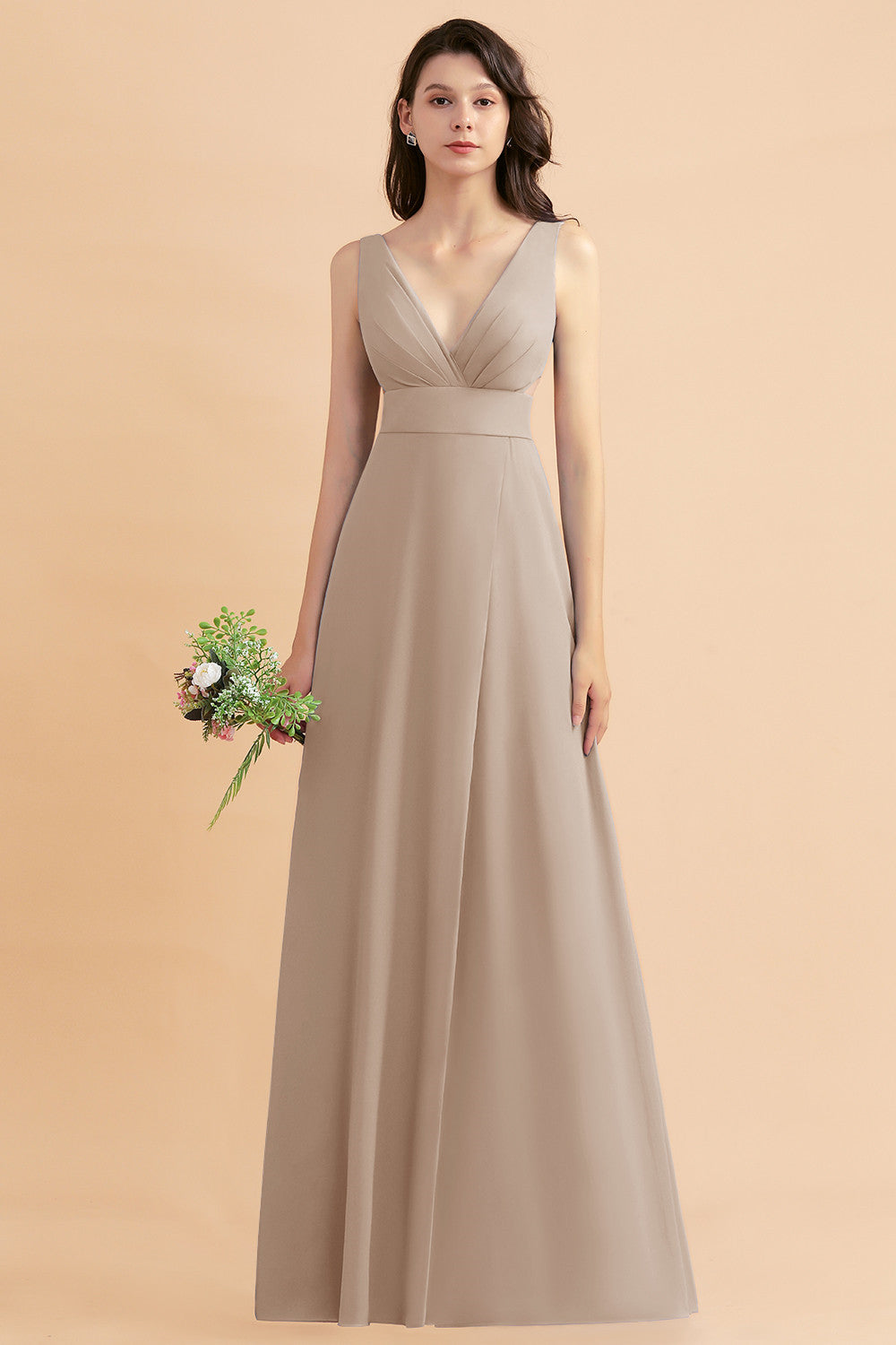 A-Line Dusty Blue Chiffon Ruffles Bridesmaid Dresses with Slit - Fashionpara