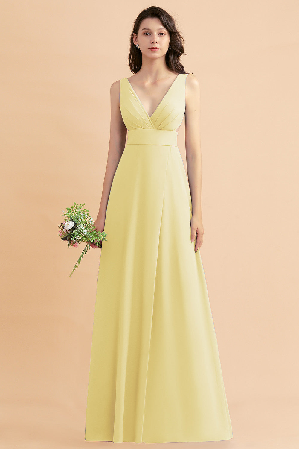 A-Line Dusty Blue Chiffon Ruffles Bridesmaid Dresses with Slit