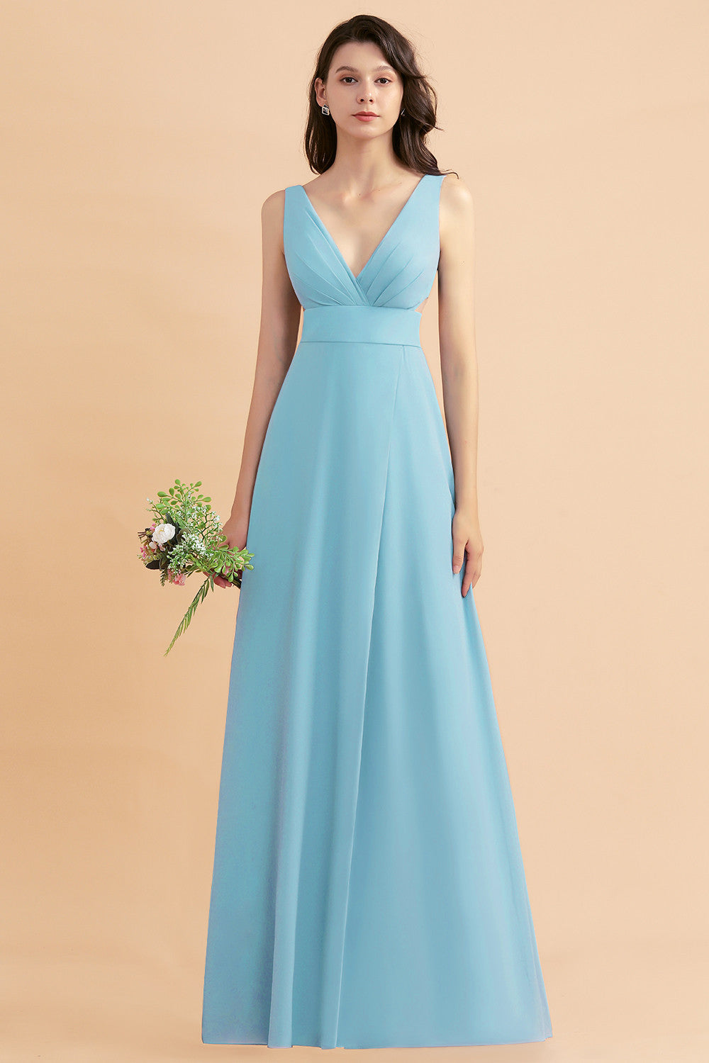 A-Line Dusty Blue Chiffon Ruffles Bridesmaid Dresses with Slit