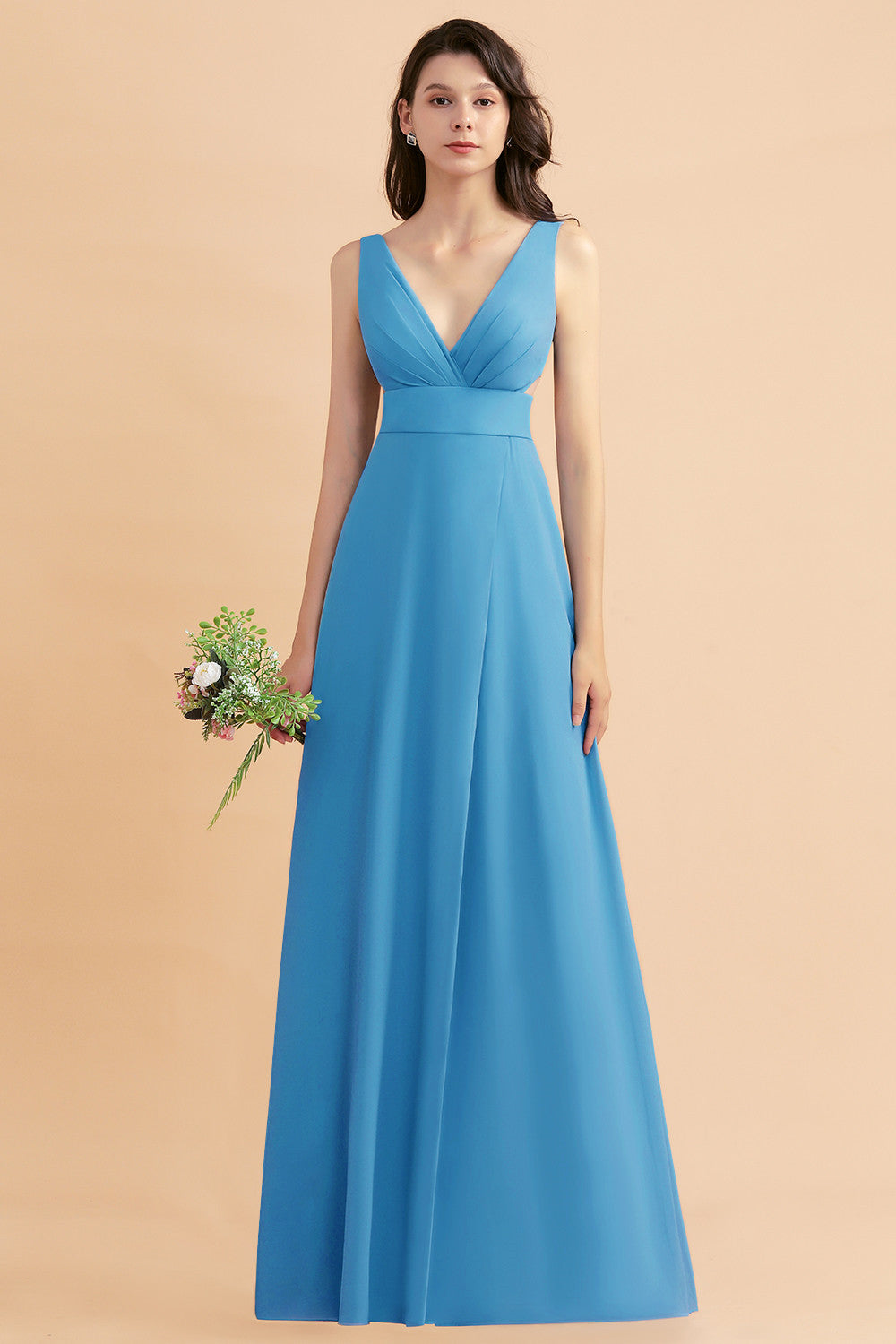 A-Line Dusty Blue Chiffon Ruffles Bridesmaid Dresses with Slit