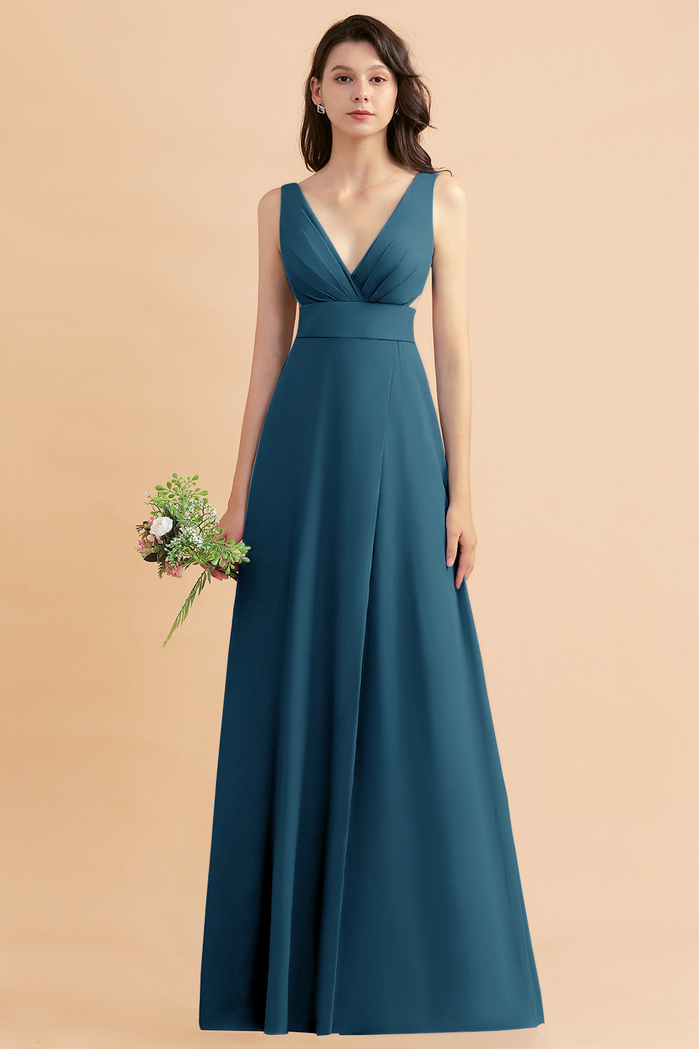 A-Line Dusty Blue Chiffon Ruffles Bridesmaid Dresses with Slit