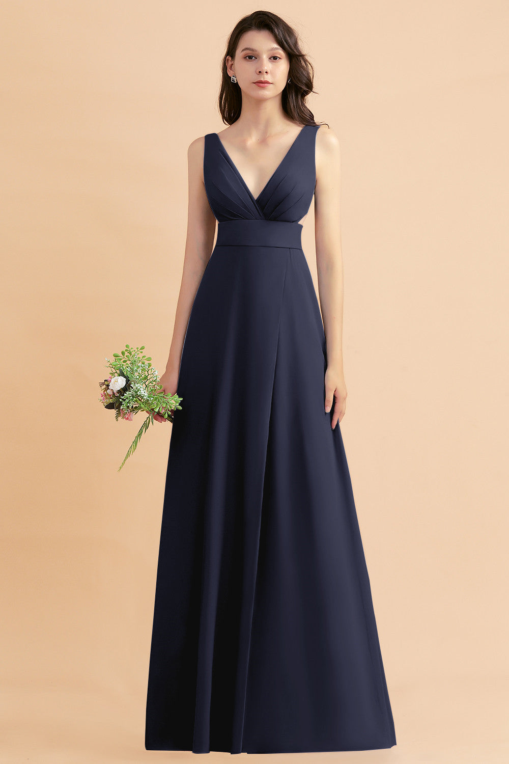 A-Line Dusty Blue Chiffon Ruffles Bridesmaid Dresses with Slit