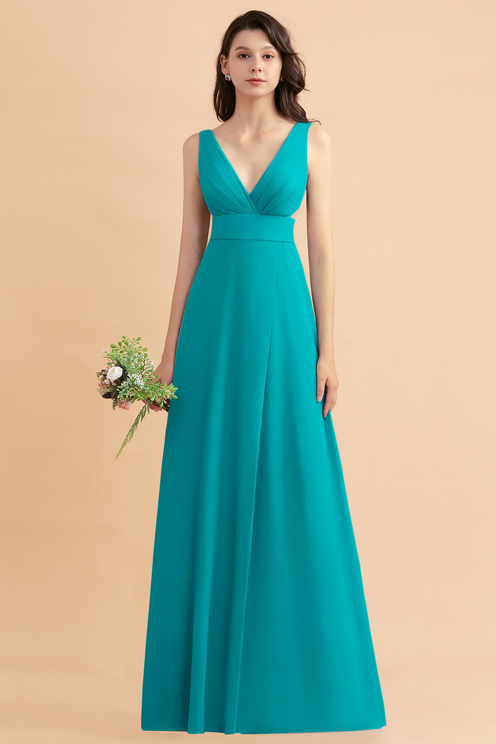 A-Line Dusty Blue Chiffon Ruffles Bridesmaid Dresses with Slit