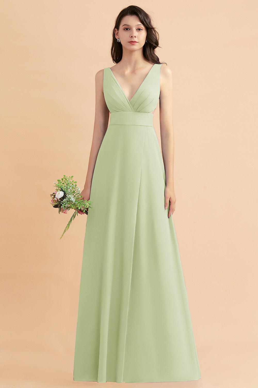 A-Line Dusty Blue Chiffon Ruffles Bridesmaid Dresses with Slit