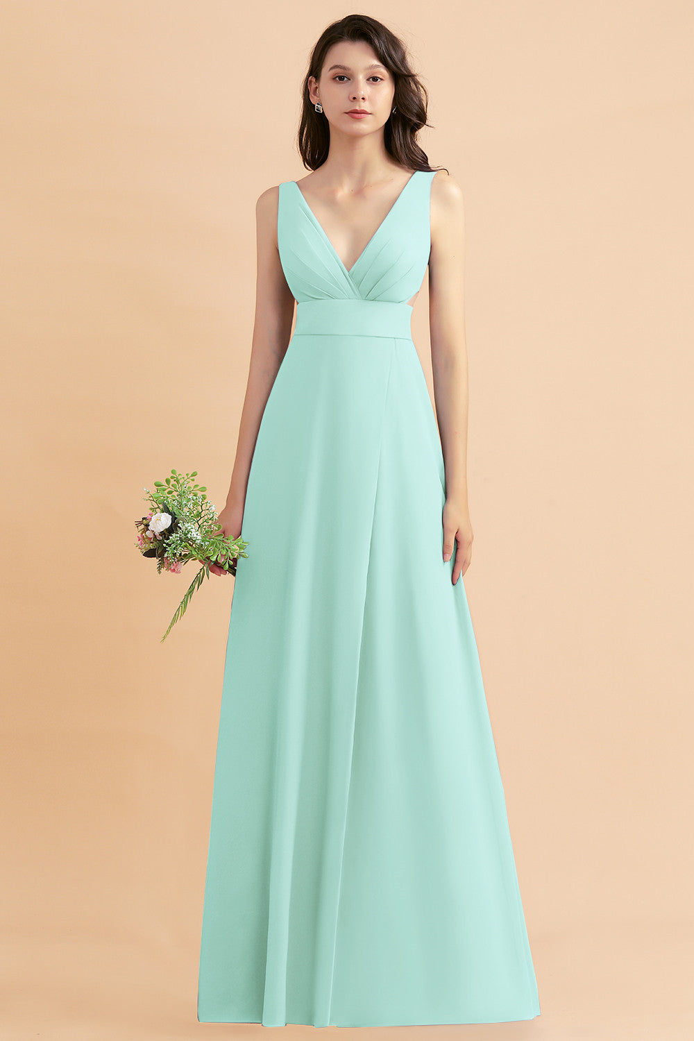 A-Line Dusty Blue Chiffon Ruffles Bridesmaid Dresses with Slit