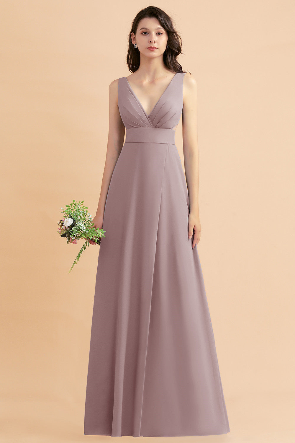 A-Line Dusty Blue Chiffon Ruffles Bridesmaid Dresses with Slit