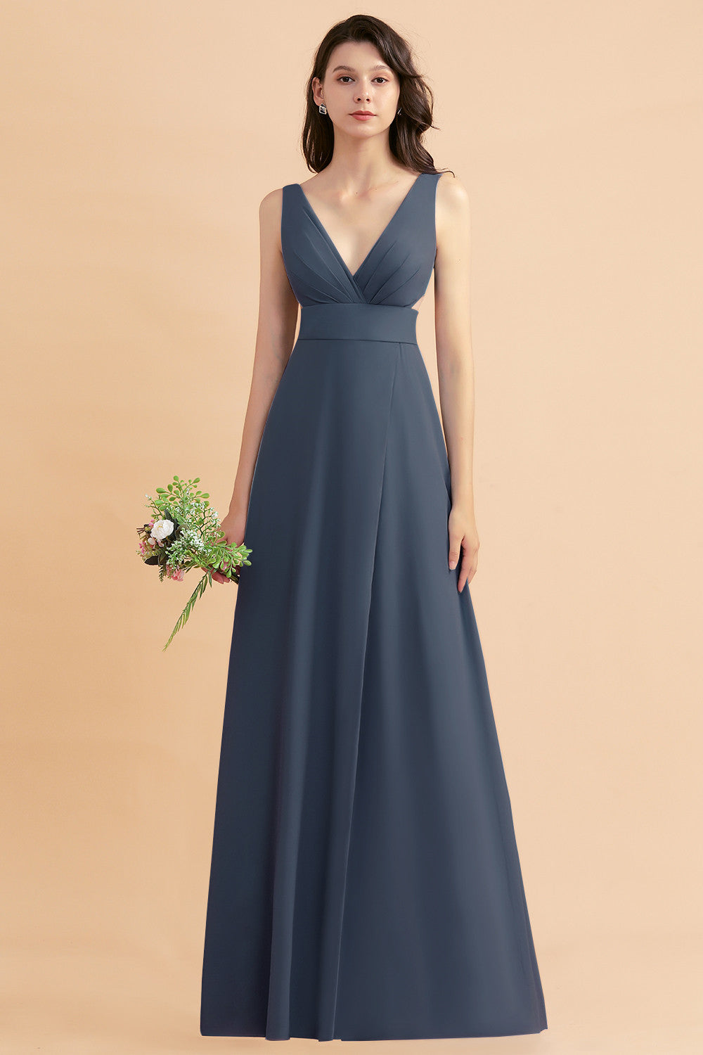 A-Line Dusty Blue Chiffon Ruffles Bridesmaid Dresses with Slit