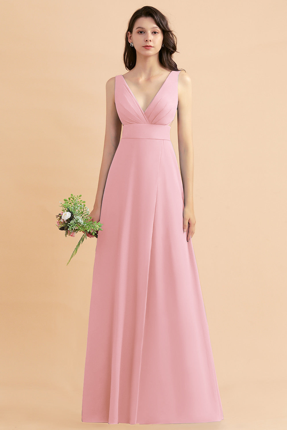 A-Line Dusty Blue Chiffon Ruffles Bridesmaid Dresses with Slit