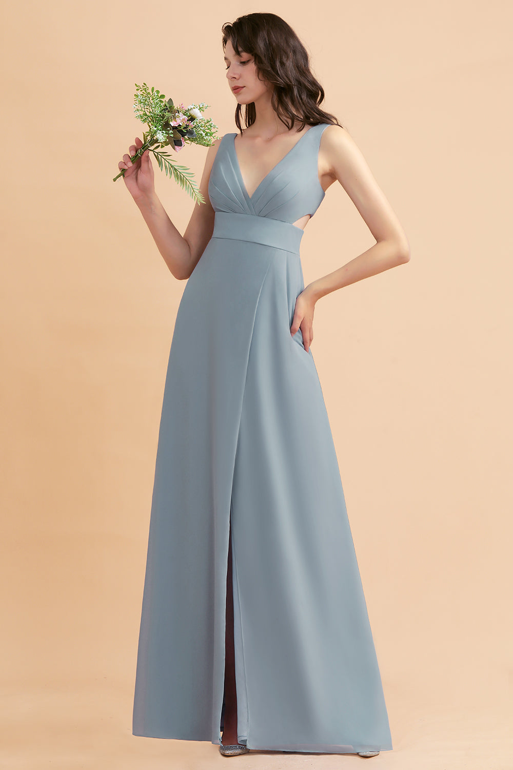 A-Line Dusty Blue Chiffon Ruffles Bridesmaid Dresses with Slit