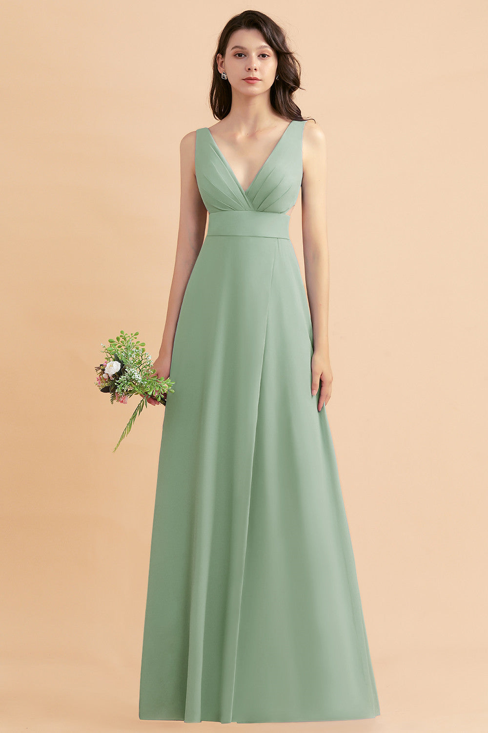 A-Line Dusty Blue Chiffon Ruffles Bridesmaid Dresses with Slit