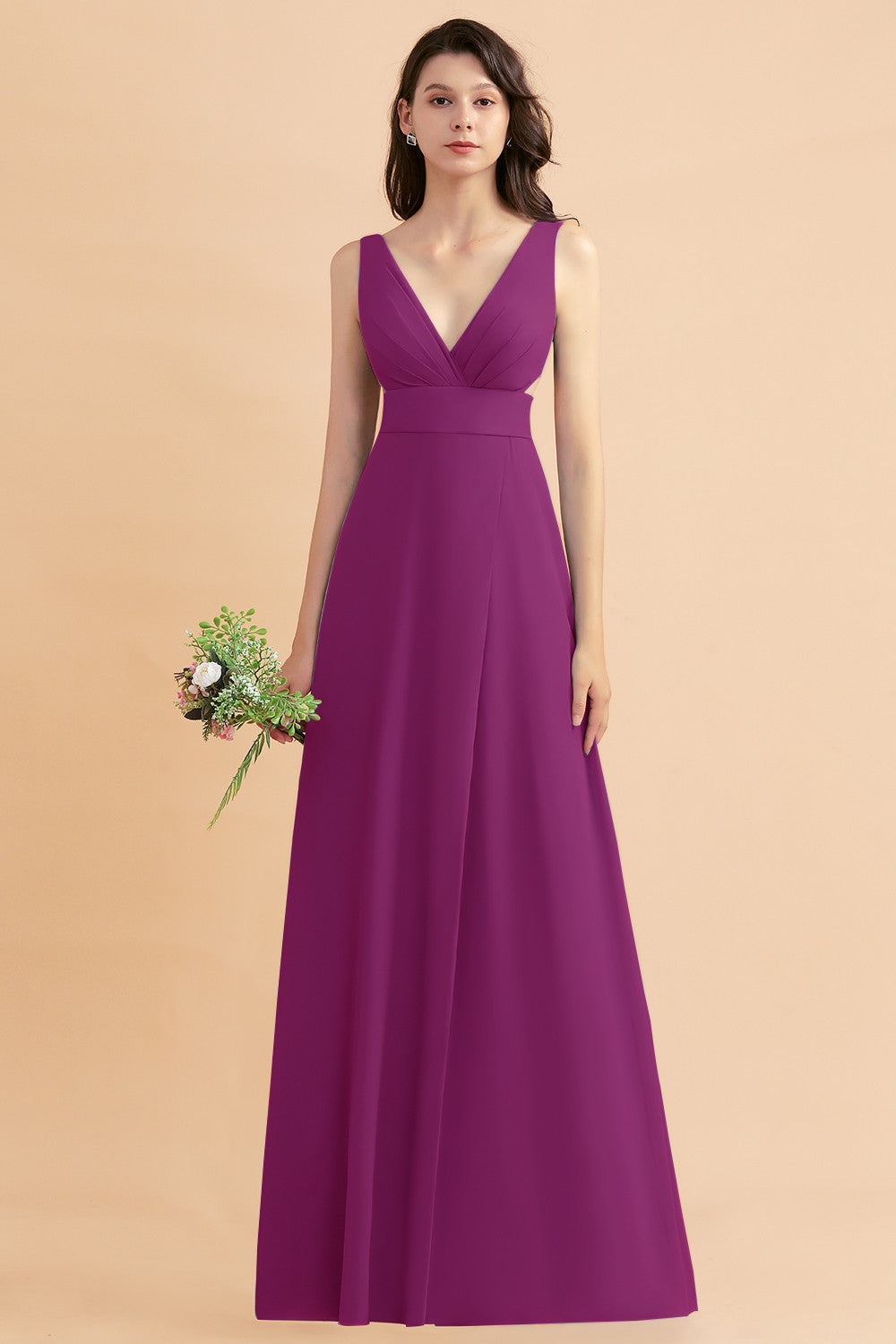 A-Line Dusty Blue Chiffon Ruffles Bridesmaid Dresses with Slit