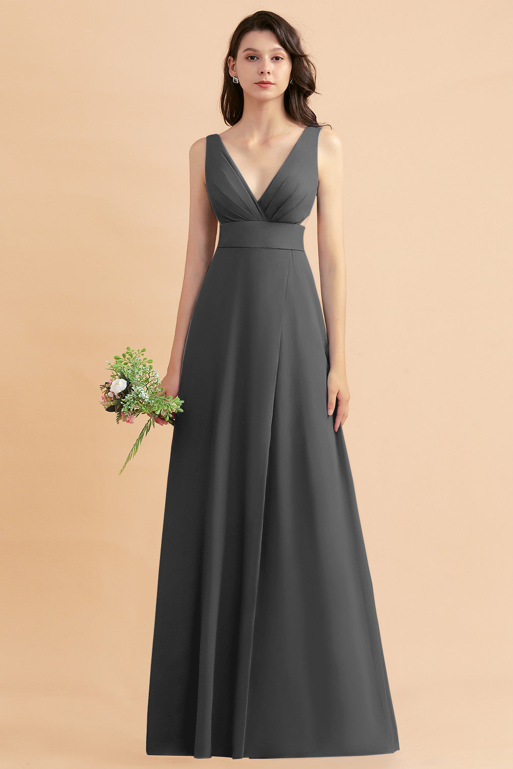 A-Line Dusty Blue Chiffon Ruffles Bridesmaid Dresses with Slit