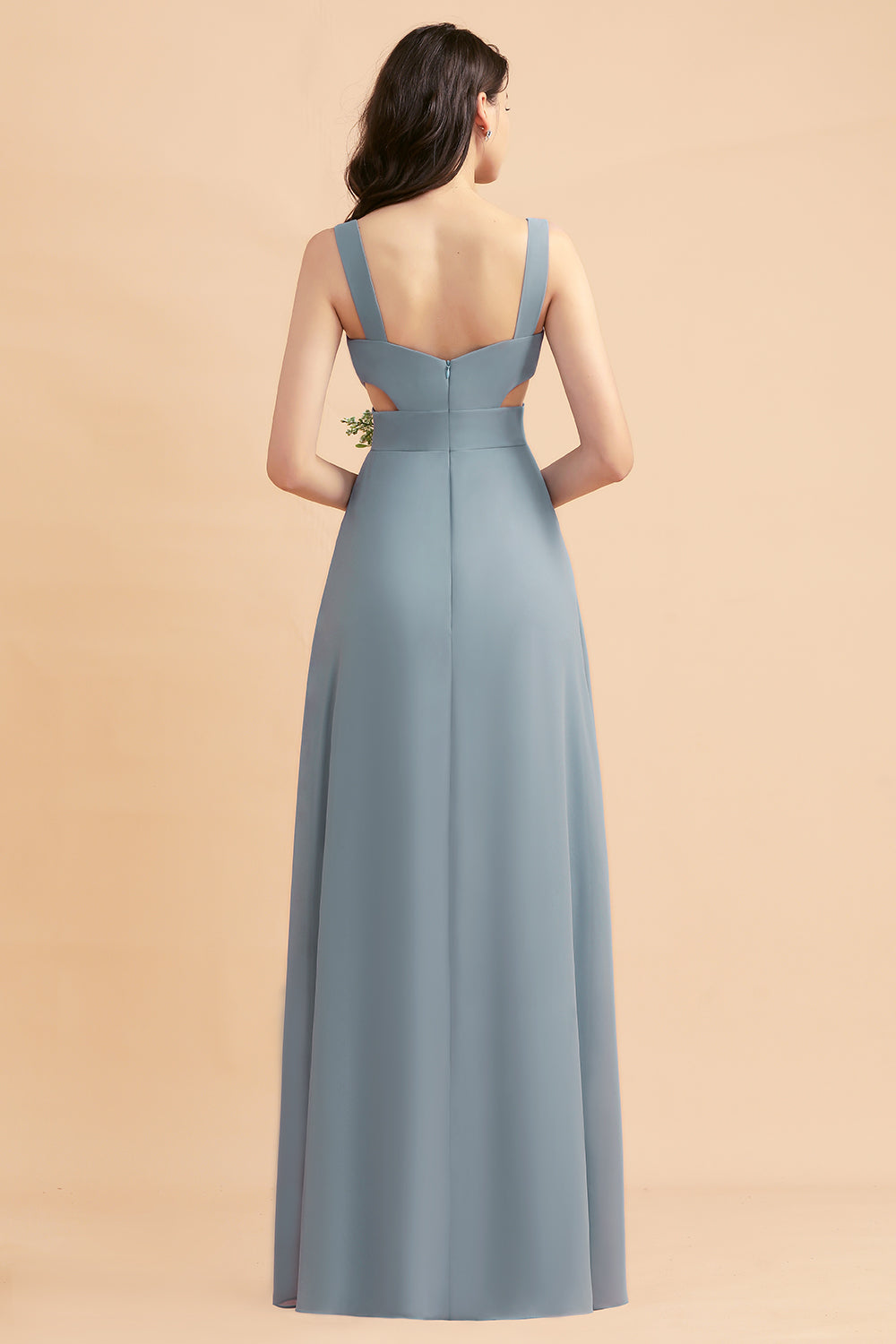 A-Line Dusty Blue Chiffon Ruffles Bridesmaid Dresses with Slit