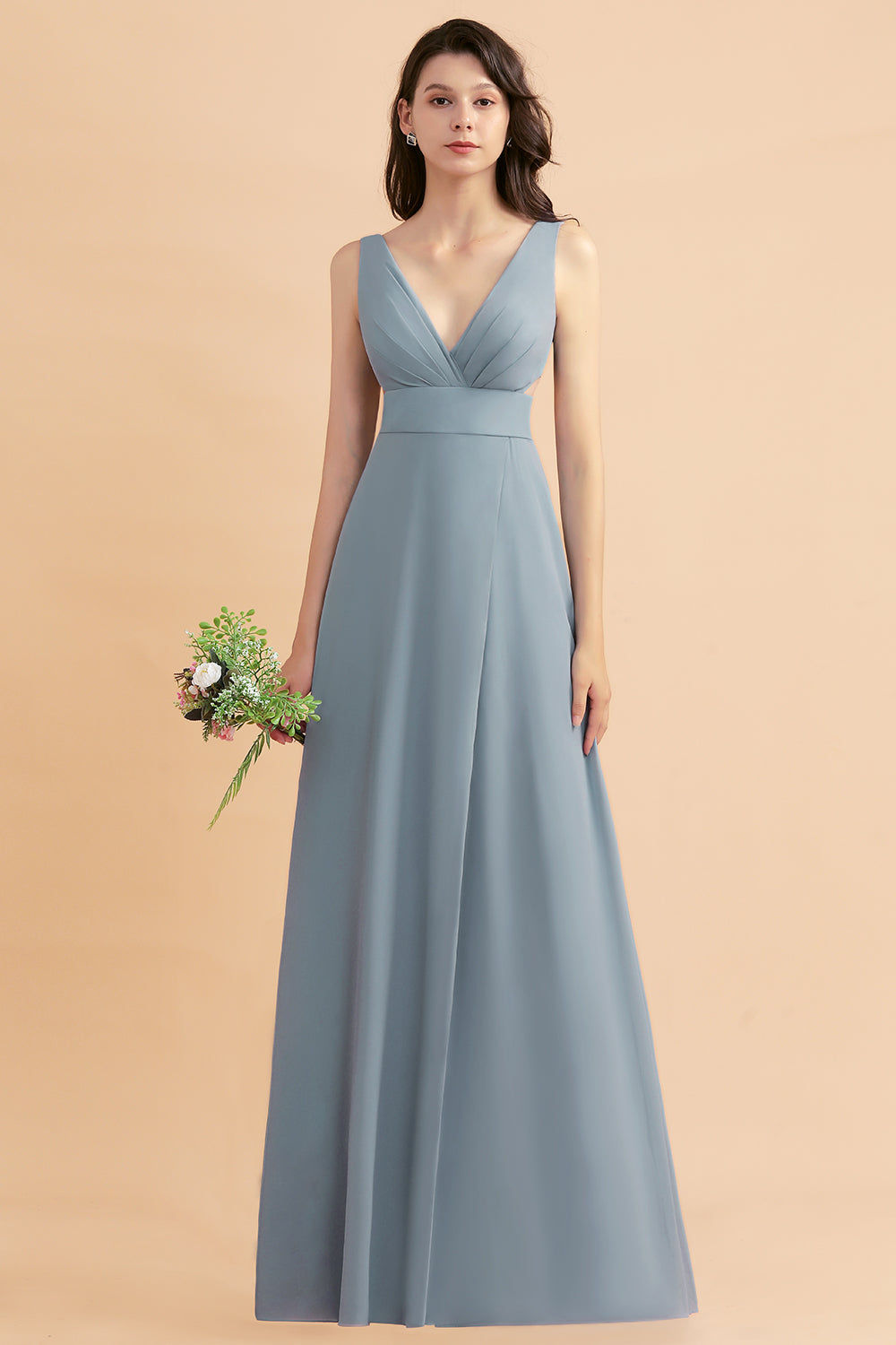 A-Line Dusty Blue Chiffon Ruffles Bridesmaid Dresses with Slit