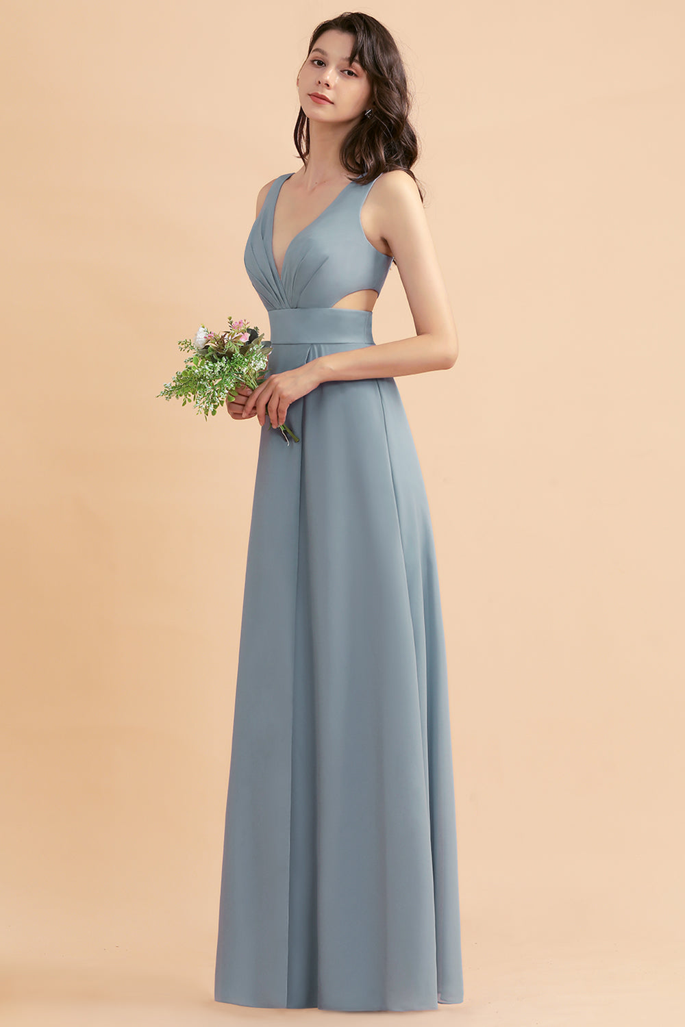 A-Line Dusty Blue Chiffon Ruffles Bridesmaid Dresses with Slit