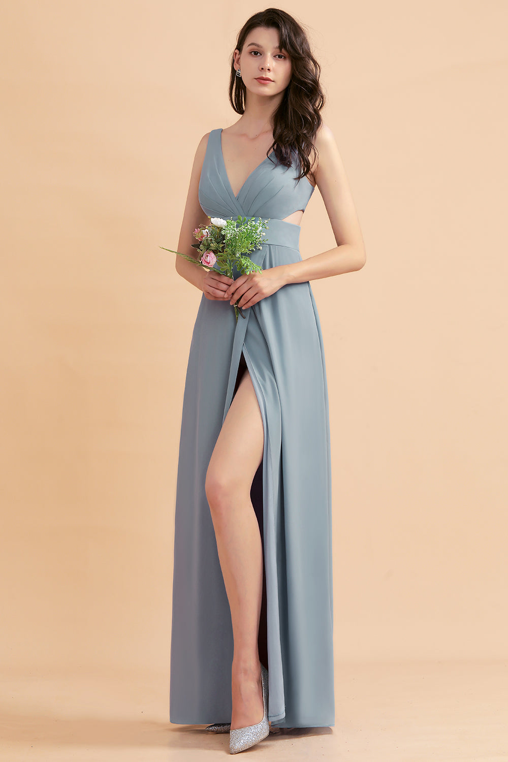 A-Line Dusty Blue Chiffon Ruffles Bridesmaid Dresses with Slit