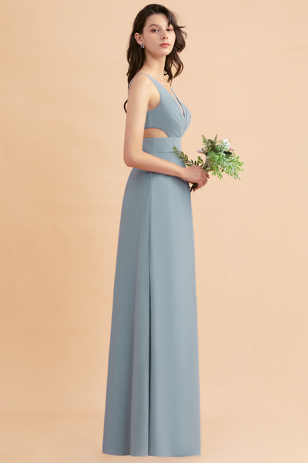 A-Line Dusty Blue Chiffon Ruffles Bridesmaid Dresses with Slit