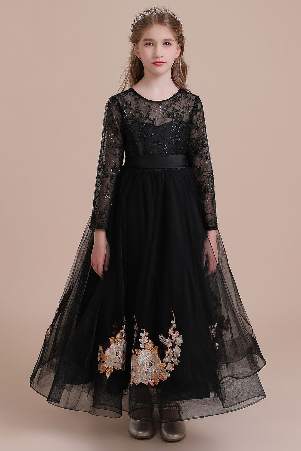 A-Line Embroidered Long Sleeve Tulle Flower Girl Dress On Sale - Fashionpara