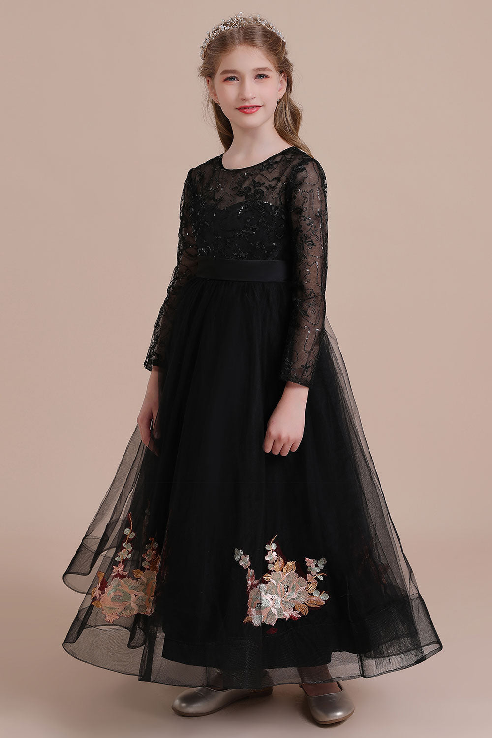 A-Line Embroidered Long Sleeve Tulle Flower Girl Dress On Sale - Fashionpara