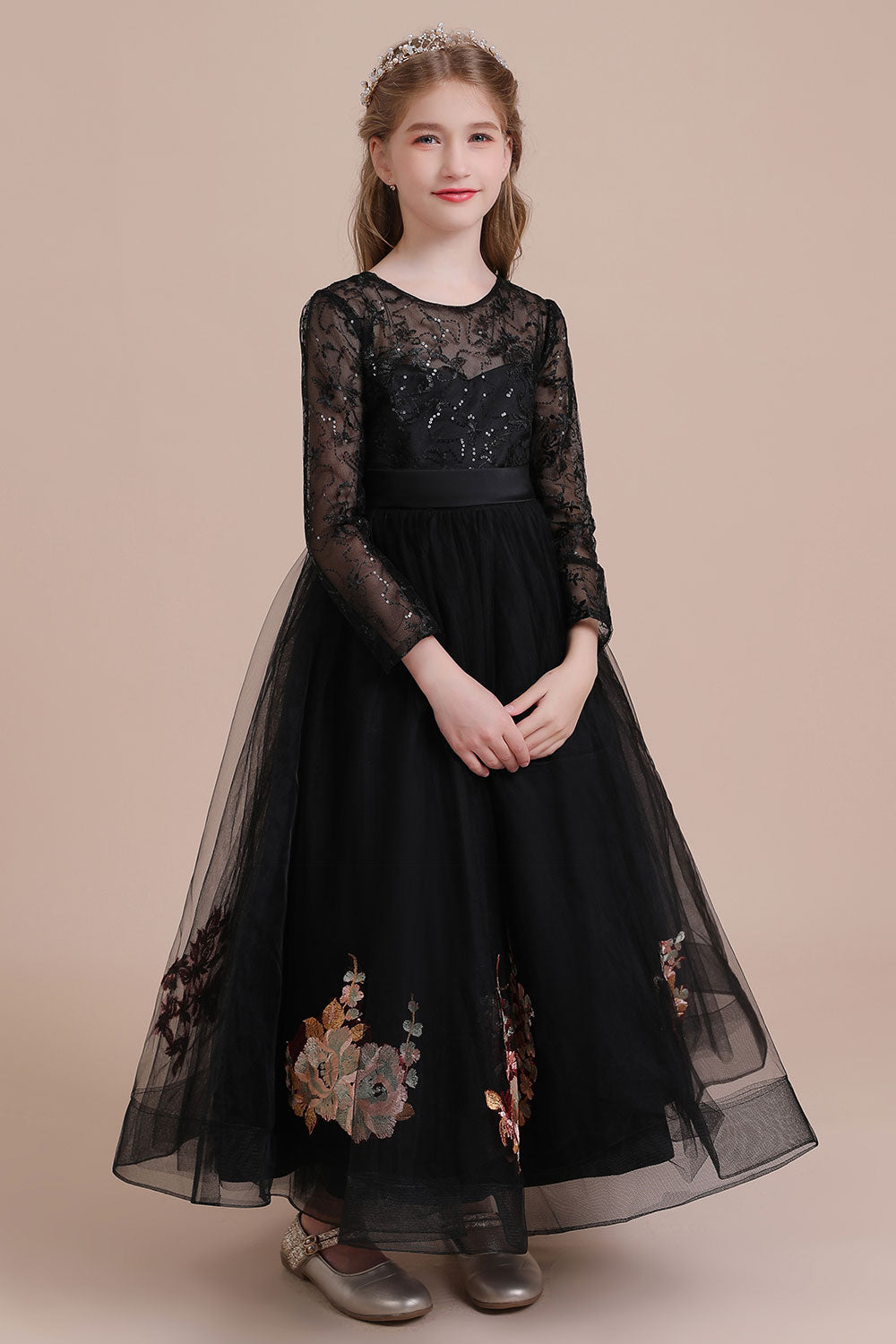 A-Line Embroidered Long Sleeve Tulle Flower Girl Dress On Sale - Fashionpara