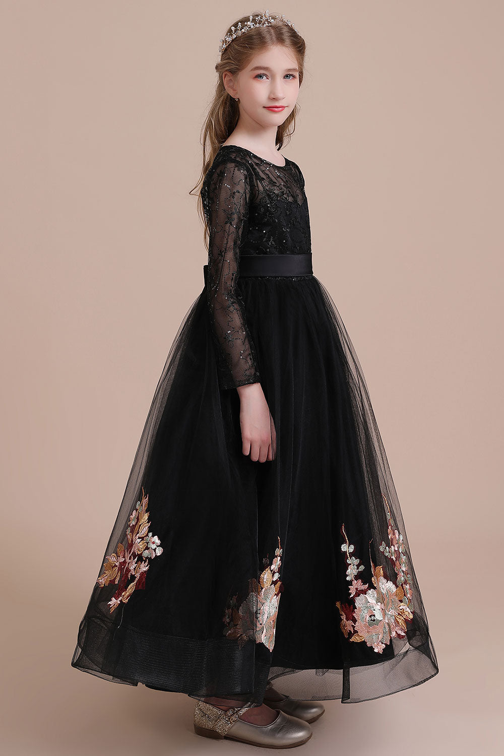 A-Line Embroidered Long Sleeve Tulle Flower Girl Dress On Sale - Fashionpara