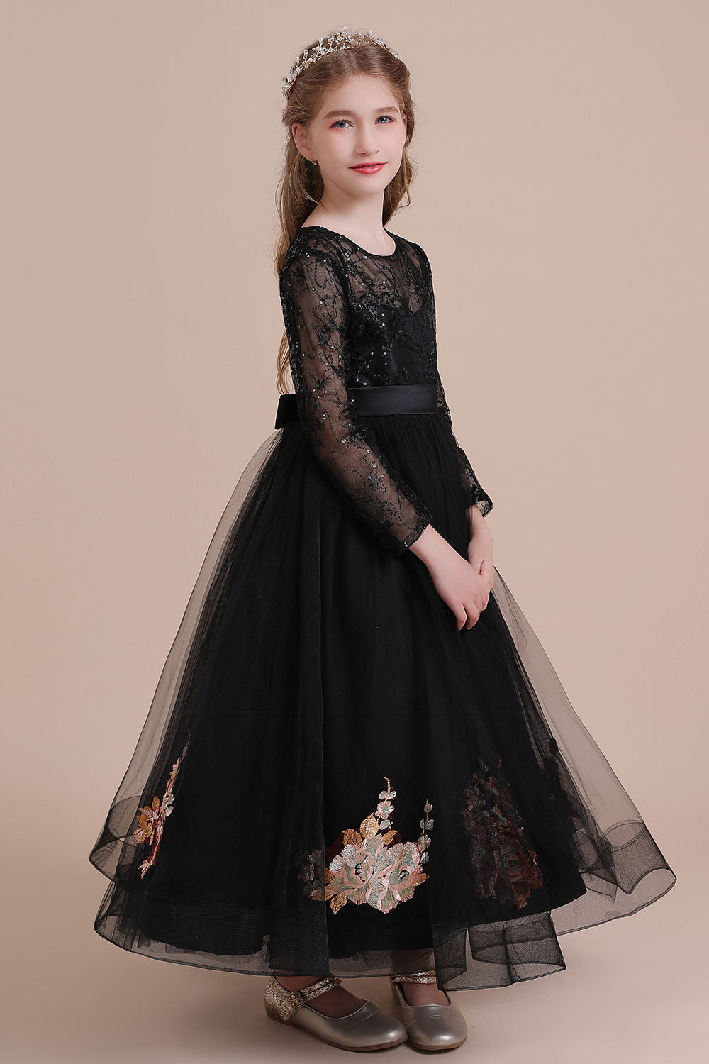 A-Line Embroidered Long Sleeve Tulle Flower Girl Dress On Sale - Fashionpara