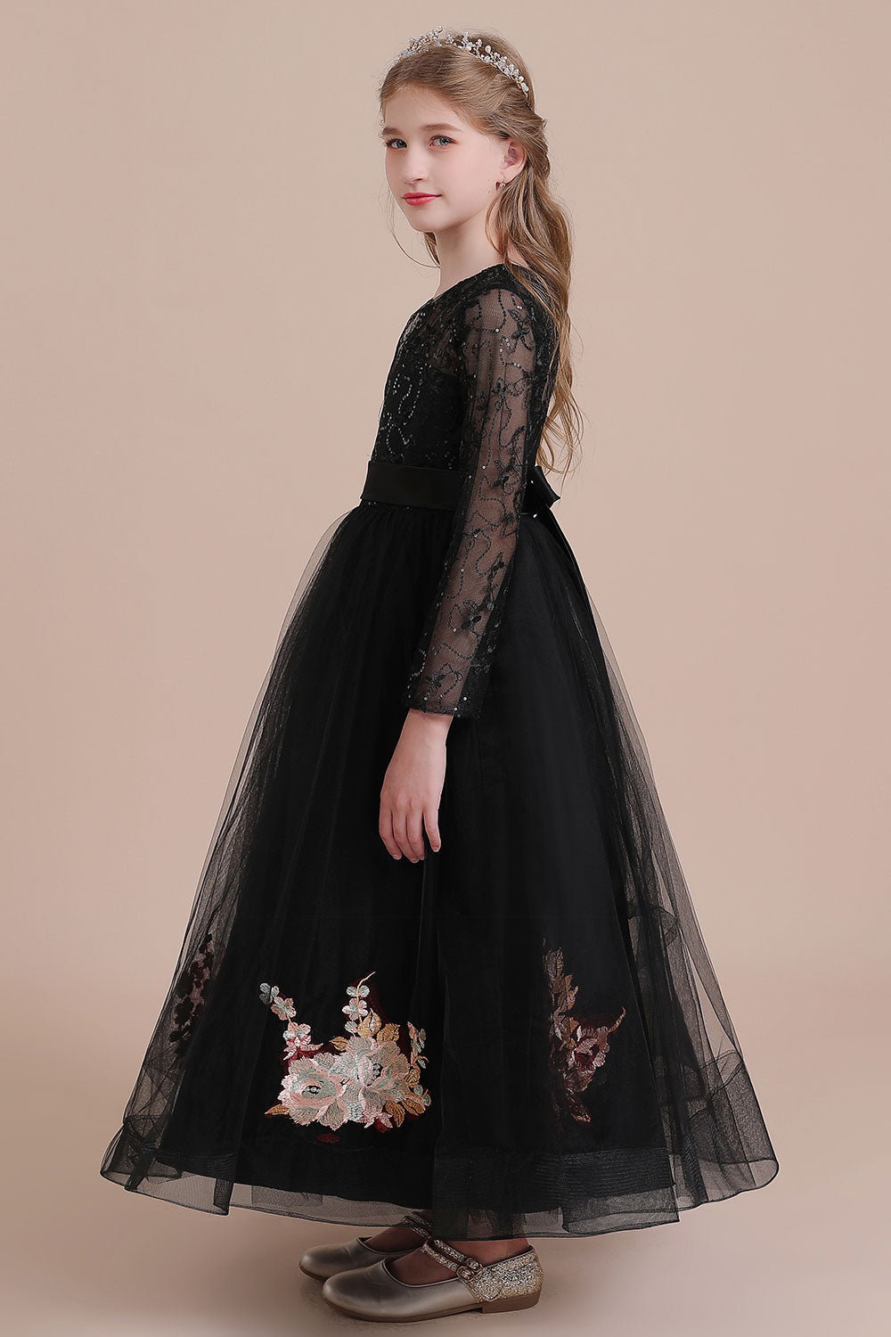 A-Line Embroidered Long Sleeve Tulle Flower Girl Dress On Sale - Fashionpara