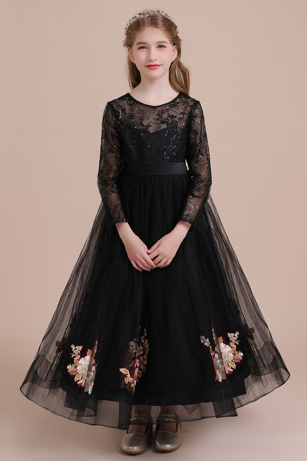 A-Line Embroidered Long Sleeve Tulle Flower Girl Dress On Sale - Fashionpara