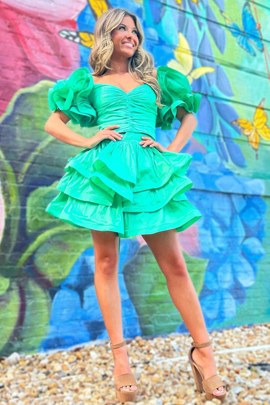 A-Line Green Ruffled Sleeves Layered Short Party Homecoming Dress