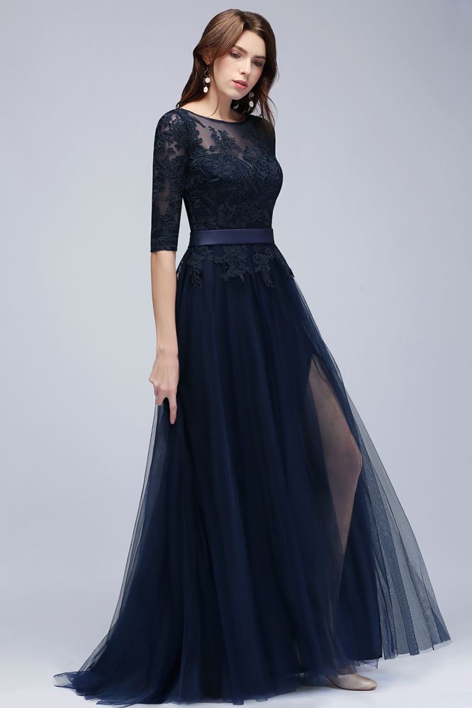 Fabulous A-Line Half Sleeves Floor Length Appliqued Tulle Prom Dresses With Slit