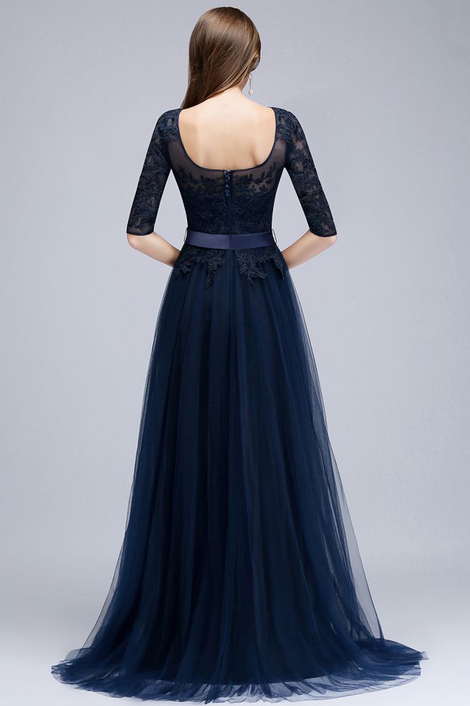 Fabulous A-Line Half Sleeves Floor Length Appliqued Tulle Prom Dresses With Slit