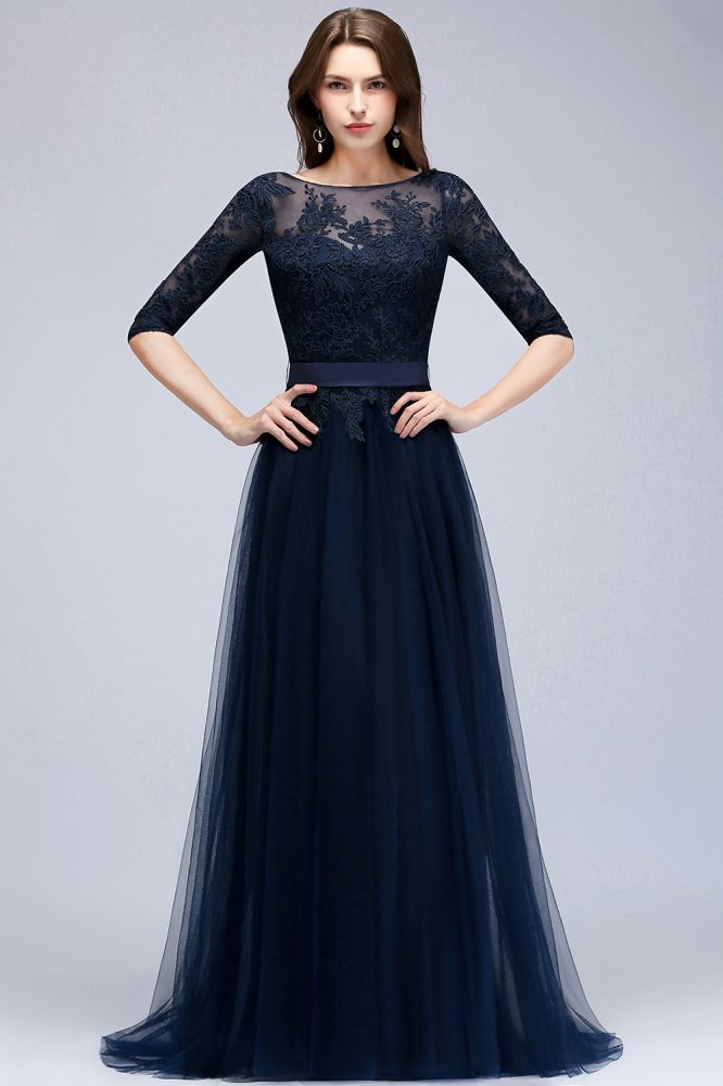 Fabulous A-Line Half Sleeves Floor Length Appliqued Tulle Prom Dresses With Slit