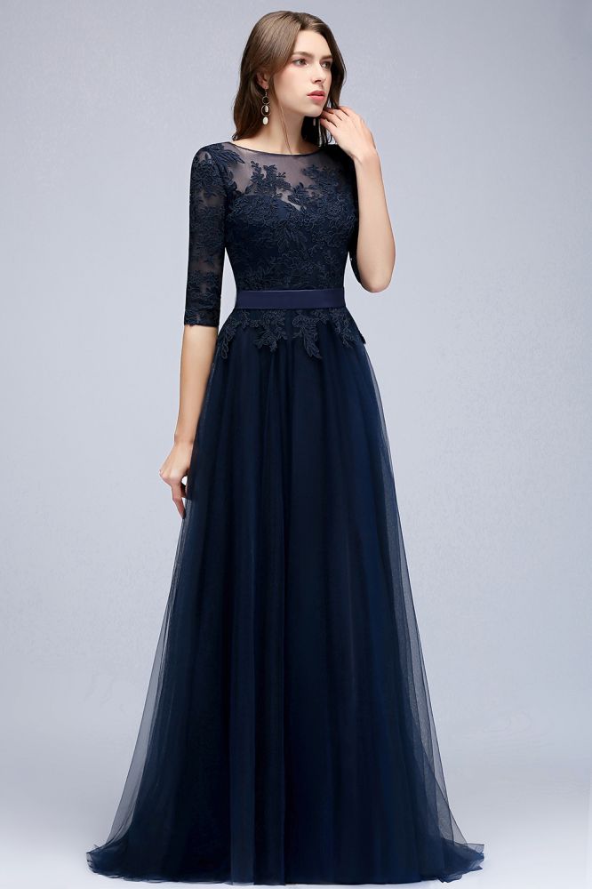 Fabulous A-Line Half Sleeves Floor Length Appliqued Tulle Prom Dresses With Slit