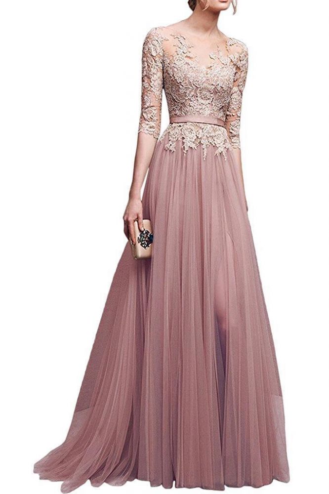 Fabulous A-Line Half Sleeves Floor Length Appliqued Tulle Prom Dresses With Slit