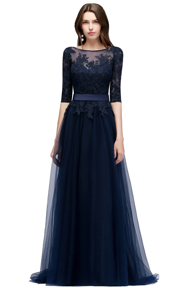 Fabulous A-Line Half Sleeves Floor Length Appliqued Tulle Prom Dresses With Slit