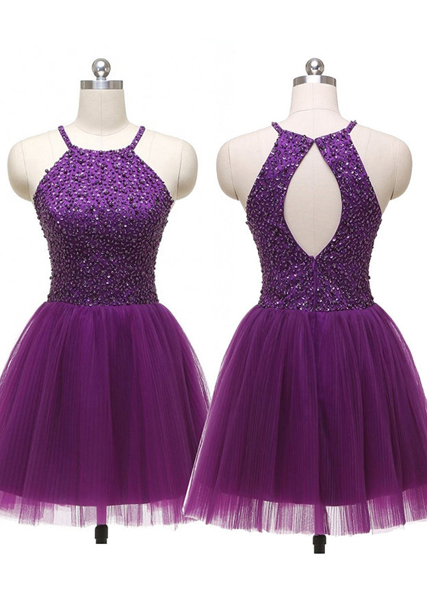 A-Line Halter Sleeveless Short/Mini Tulle Homecoming Dress with Beading Pleated Sequins