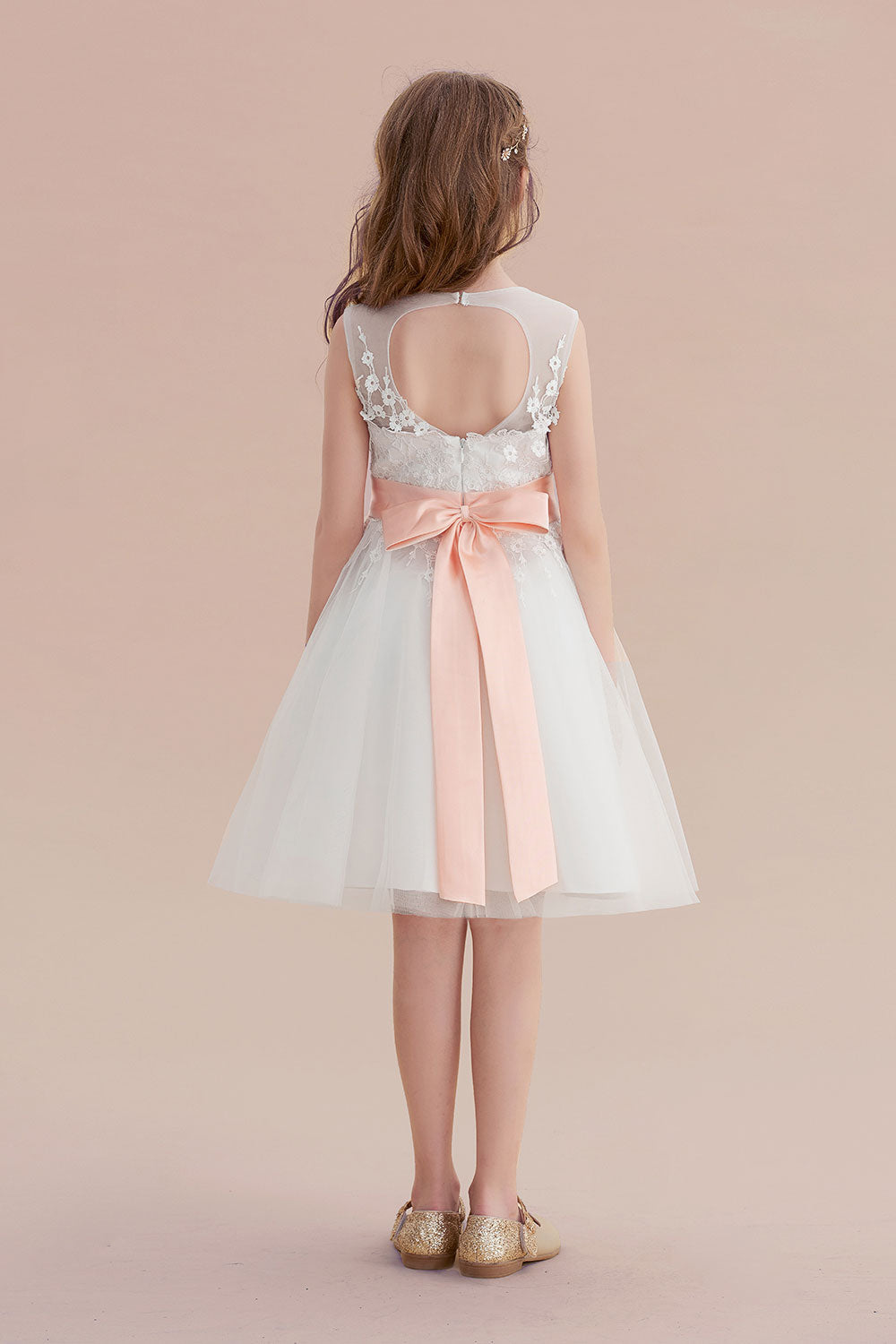 A-Line Illusion Appliques Tulle Flower Girl Dress - Fashionpara